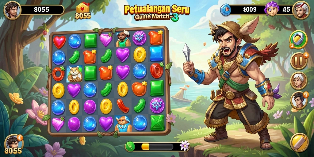 Tangkapan layar 8055 menunjukkan aksi mencocokkan permata yang seru dalam gameplay Match-3.