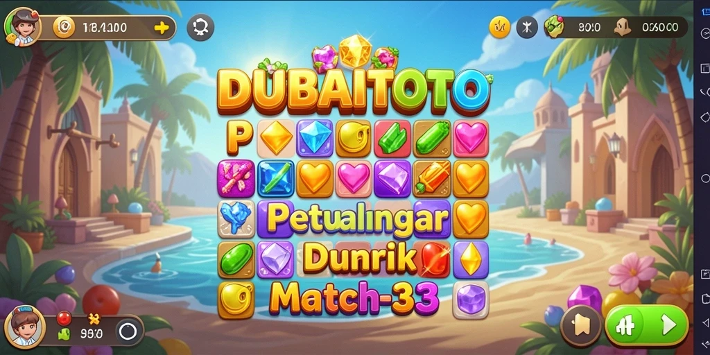 Tangkapan layar gameplay DUBAITOTO dengan elemen Match-3 yang berwarna-warni.