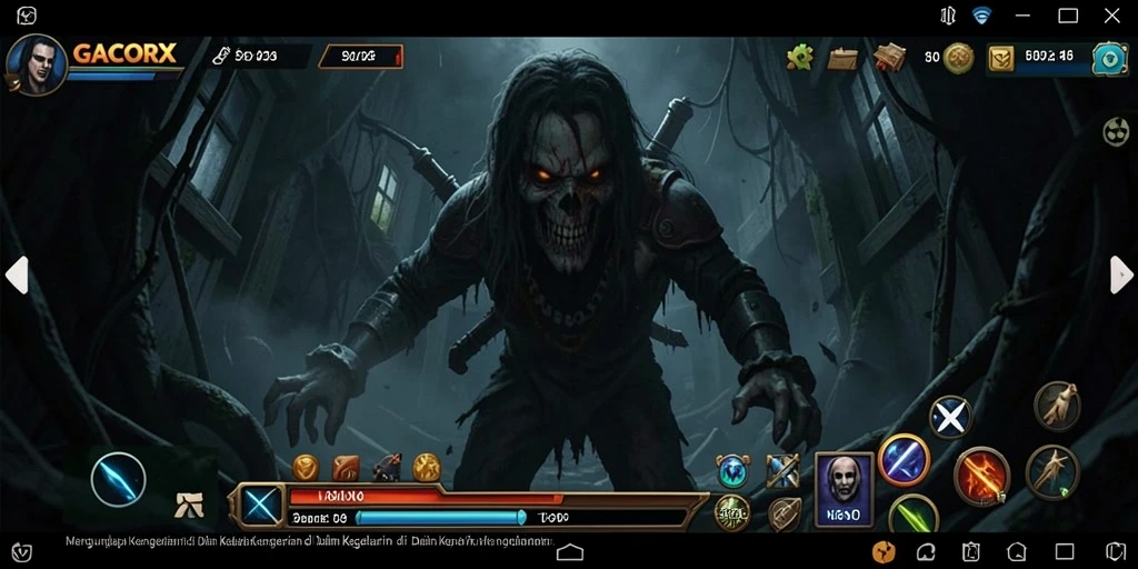 Screenshot gameplay GACORX menampilkan momen menegangkan di kegelapan.