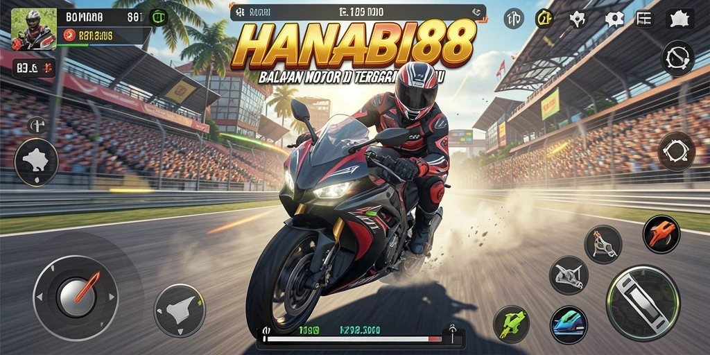 Tangkapan layar gameplay HANABI88 yang menunjukkan balapan motor yang mendebarkan.