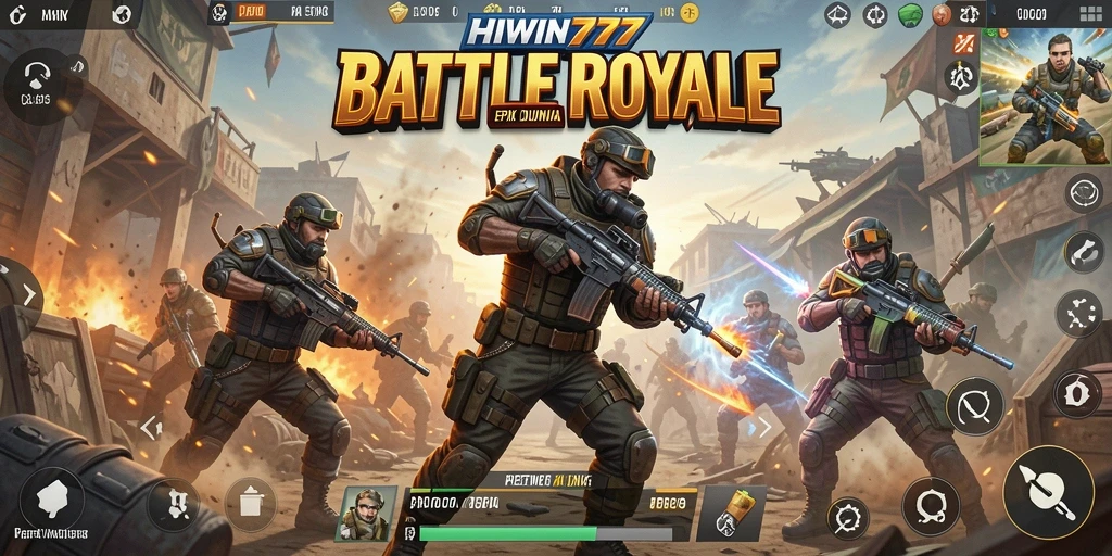 Tangkapan layar gameplay HIWIN777 menunjukkan aksi seru di medan perang Battle Royale.