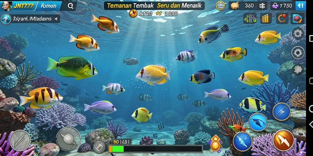 Screenshot JNT777 menampilkan gameplay menembak ikan yang seru dan penuh warna.
