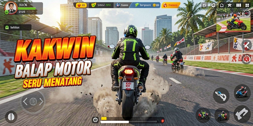 Gameplay balap motor yang mendebarkan dan penuh aksi.