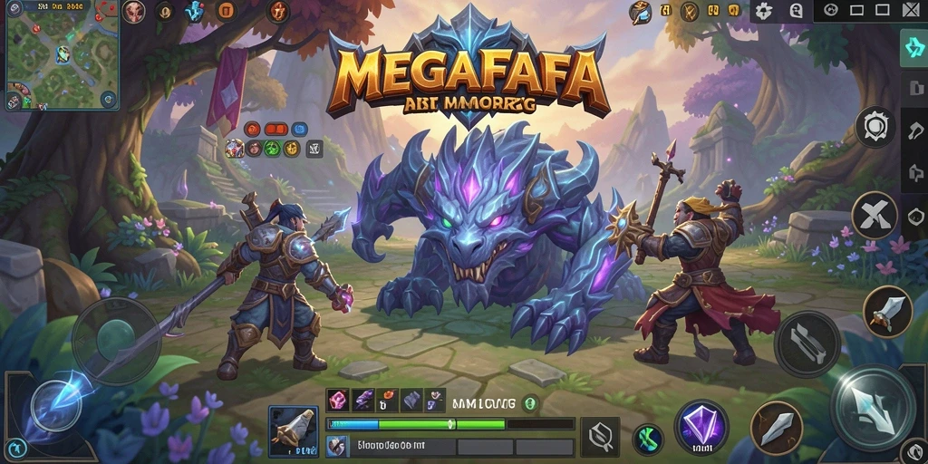 Screenshot utama MEGAFAFA menampilkan pertempuran epik di dunia MMORPG.