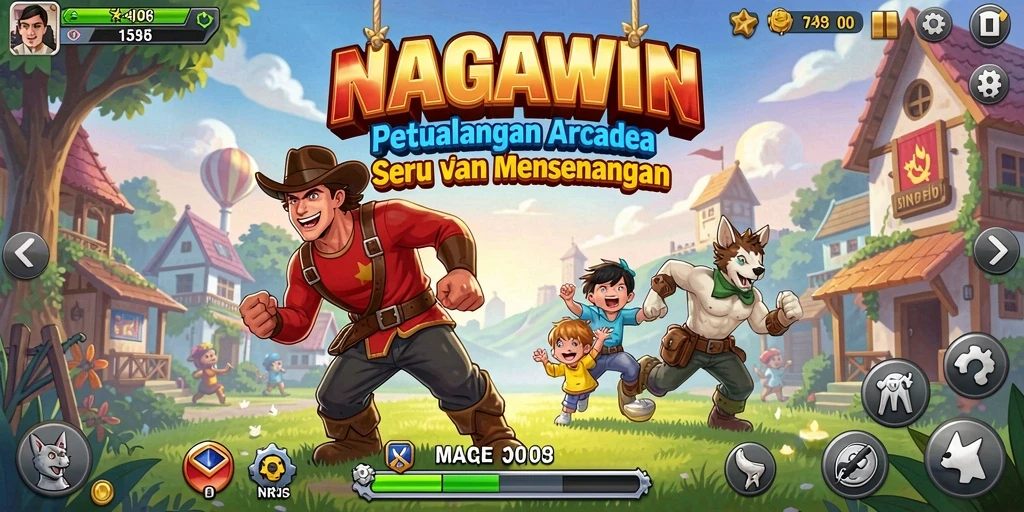 Tampilan gameplay NAGAWIN dengan karakter yang lucu dan tantangan seru.