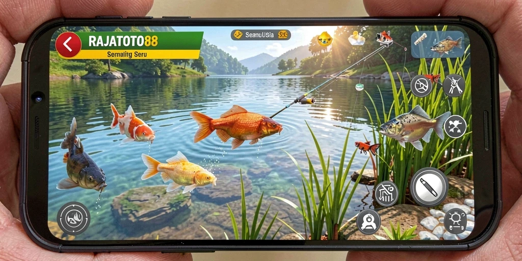 Tampilan menarik gameplay RAJATOTO88 saat memancing ikan.