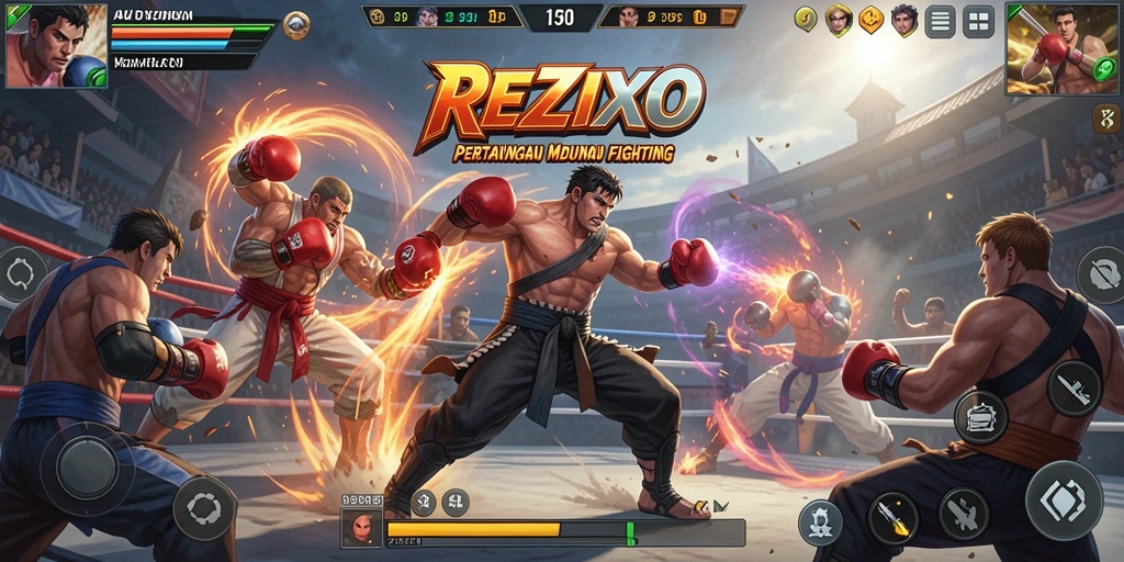Screenshot menunjukkan aksi pertarungan epik dalam REZIXO.