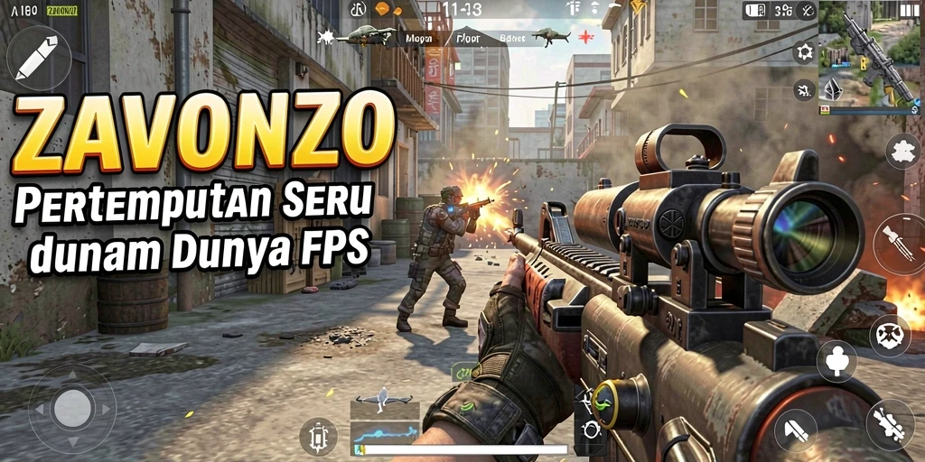 Tampilan gameplay seru di ZAVONZO dengan aksi FPS mendebarkan.